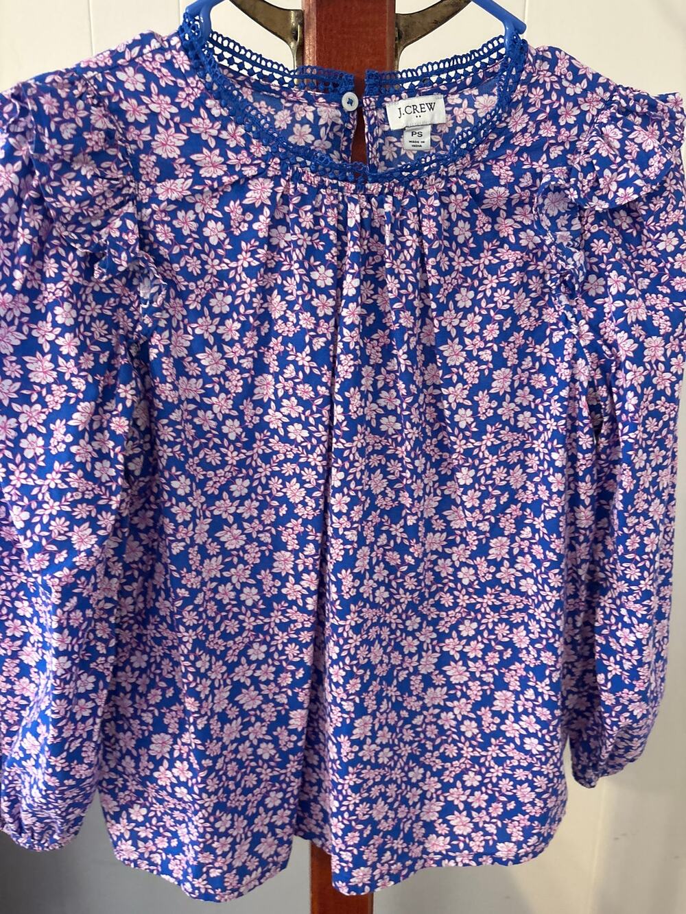J Crew  Ruffle Shoulder Blue & Pink Floral Blouse Sz PS